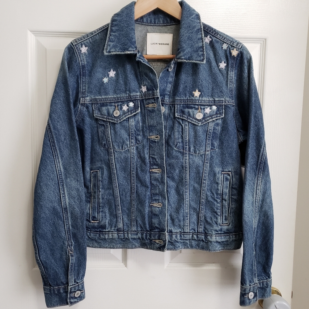 Lucky Brand Flower Embroidered Denim Trucker Jacket Women's Size M